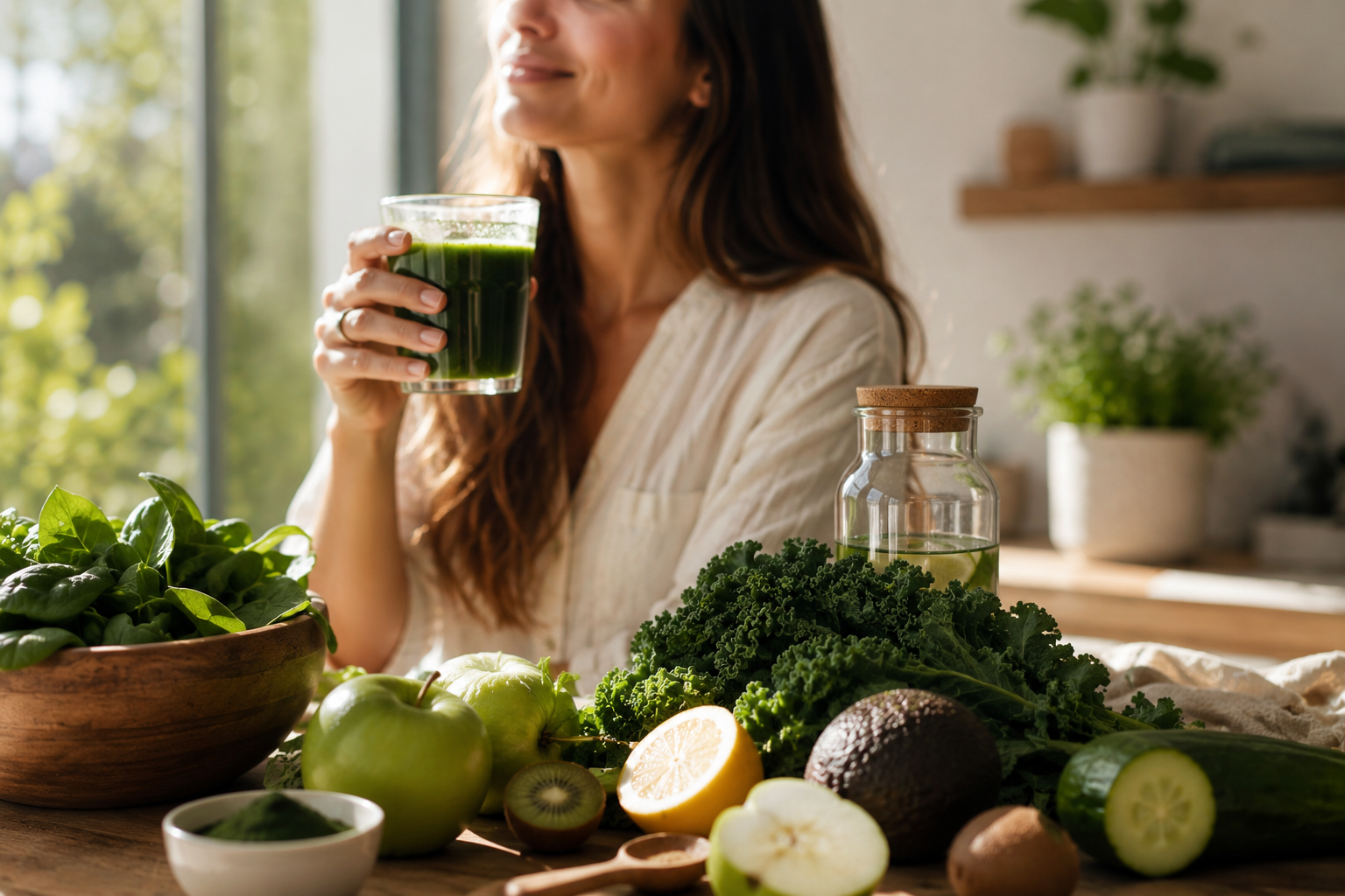 Frau trinkt einen grünen Smoothie in einer hellen Küche mit frischem Blattgemüse und Greens-Zutaten.