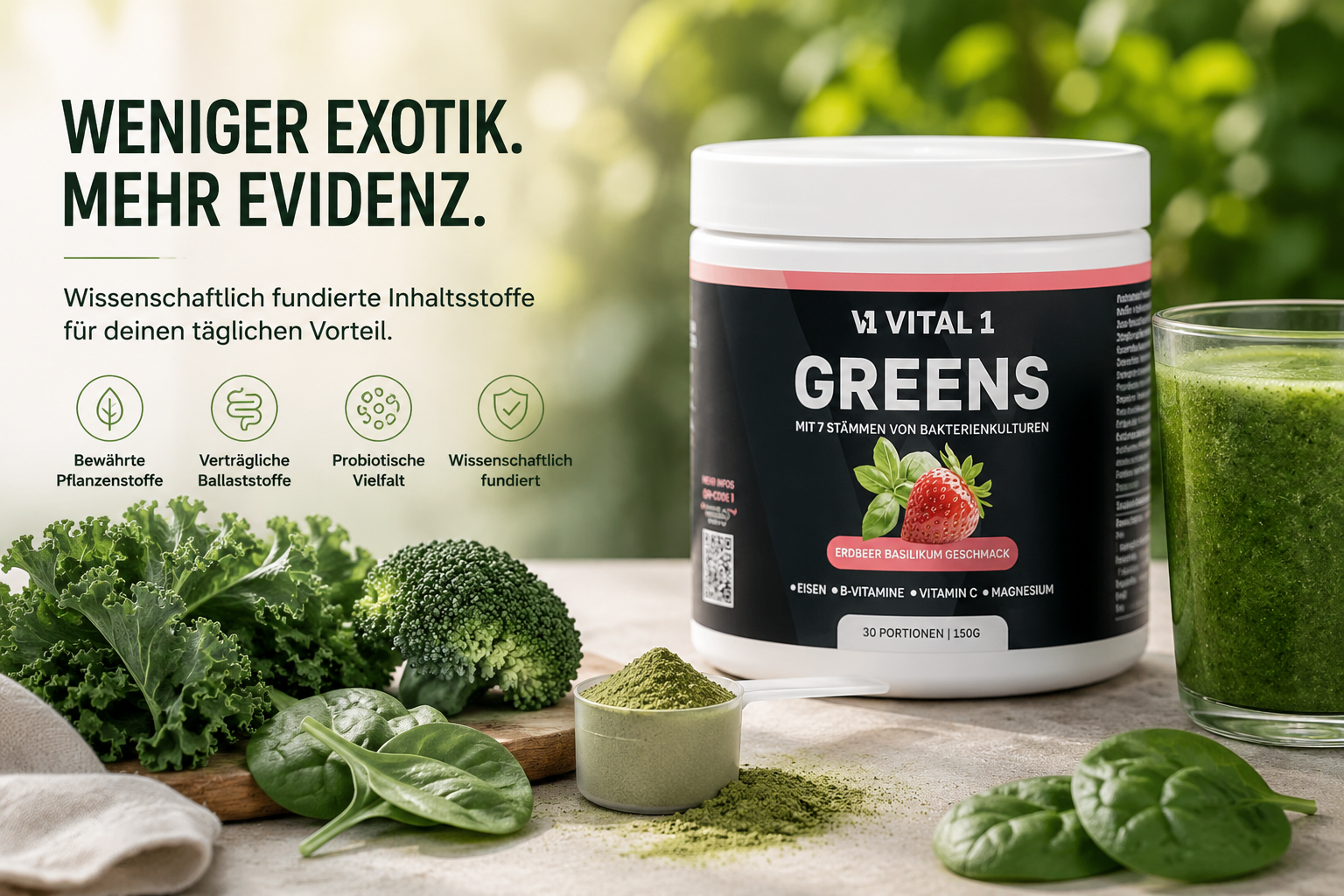 Vital1 Greens Nahrungsergänzung mit Erdbeer-Basilikum-Geschmack, umgeben von Brokkoli, Grünkohl, Spinat und einem Greens-Drink – Symbol für wissenschaftlich entwickelte Greens mit bewährten Pflanzenstoffen und probiotischen Kulturen