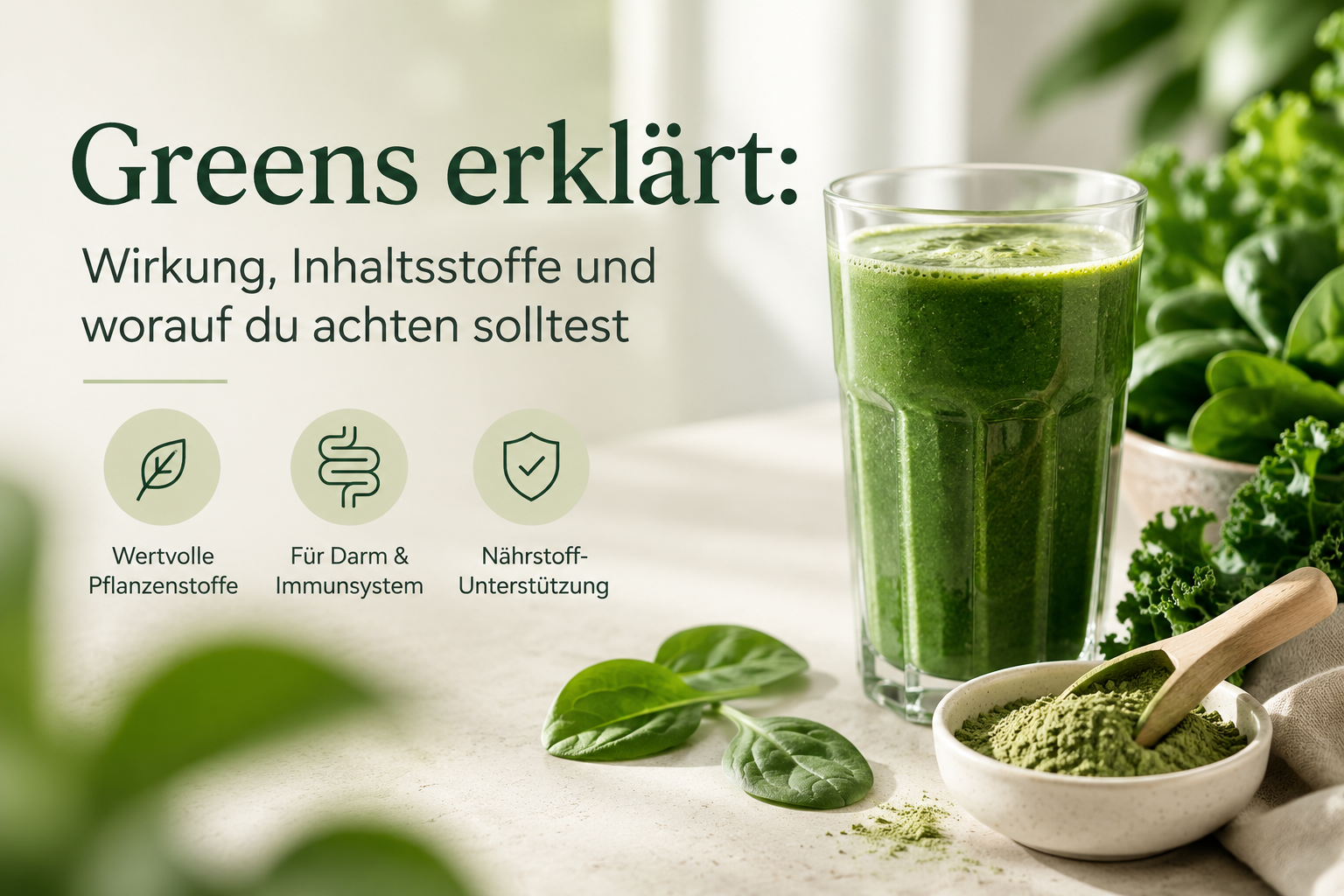 Glas mit grünem Greens-Smoothie, Greens-Pulver und frischem Blattgemüse wie Spinat, Brokkoli, Grünkohl und Weizengras auf einem hellen Tisch – Symbolbild für Greens und eine pflanzenreiche Ernährung.