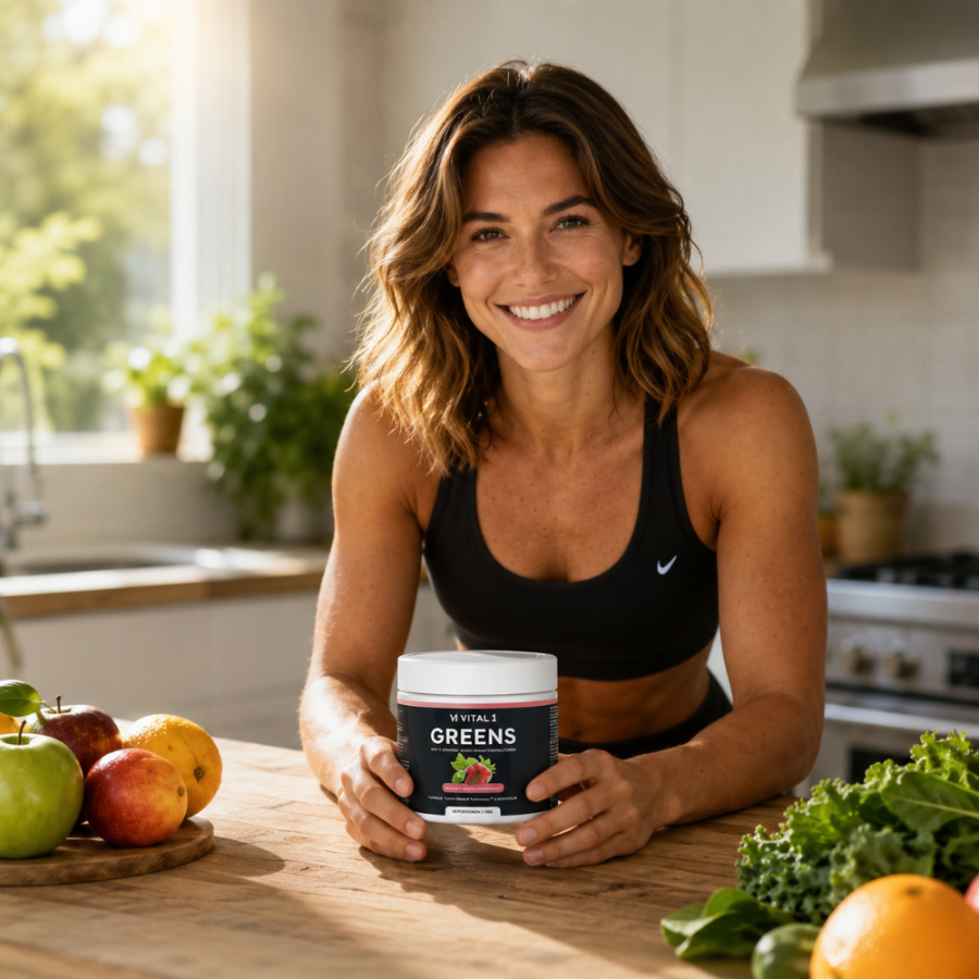 Eine sportliche und fröhliche Frau hält Vital1 Greens in den Händen