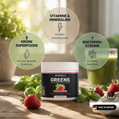 VITAL 1 vegane Greens Pulver mit Superfoods, Bakterienstämmen, Vitaminen und Mineralien sowie Erdbeer-Basilikum-Geschmack.