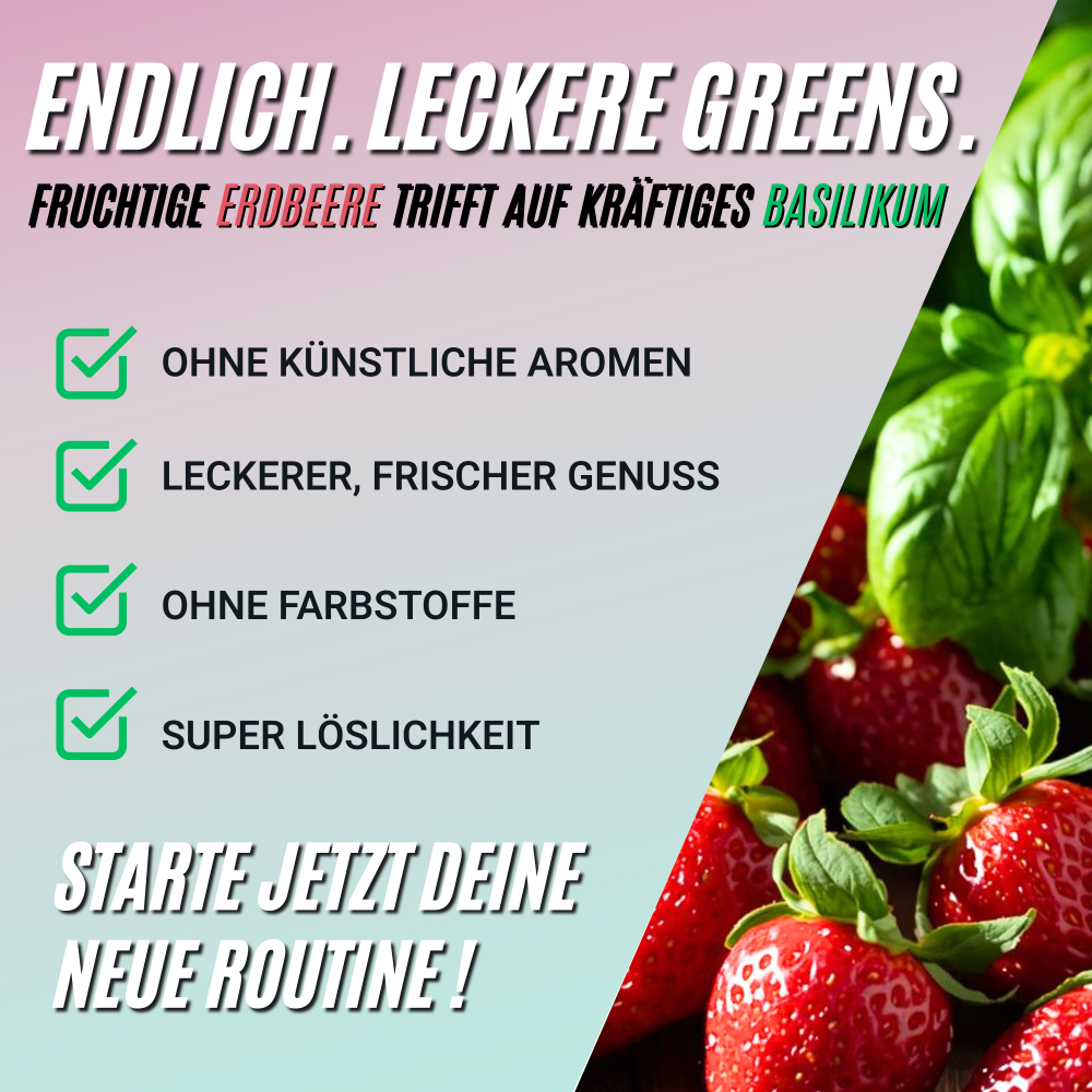 VITAL 1 Greens Pulver mit Erdbeer-Basilikum-Geschmack – Nahrungsergänzung mit natürlichem Geschmack, ohne künstliche Aromen und Farbstoffe.