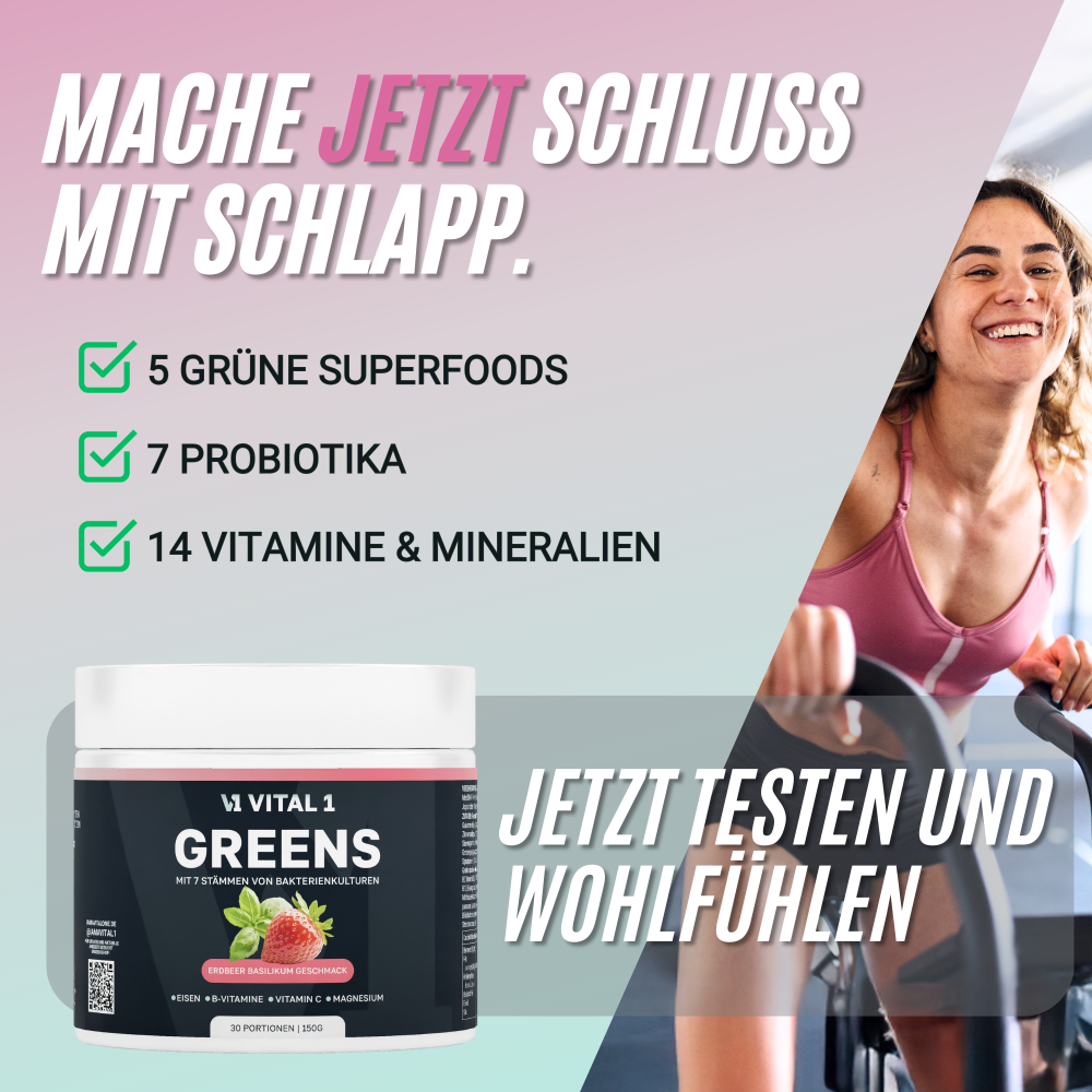 VITAL 1 Greens mit Probiotika, Superfoods sowie Vitaminen und Mineralien für mehr Wohlbefinden im Alltag – dargestellt mit sportlicher Frau und Produktdose.
