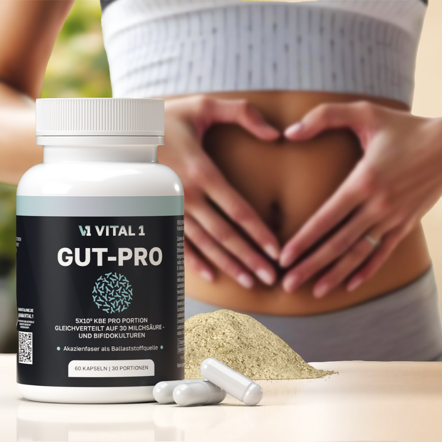 VITAL 1 Gut-Pro Probiotika mit Akazienfasern für eine ausgewogene Darmflora und das tägliche Wohlbefinden.