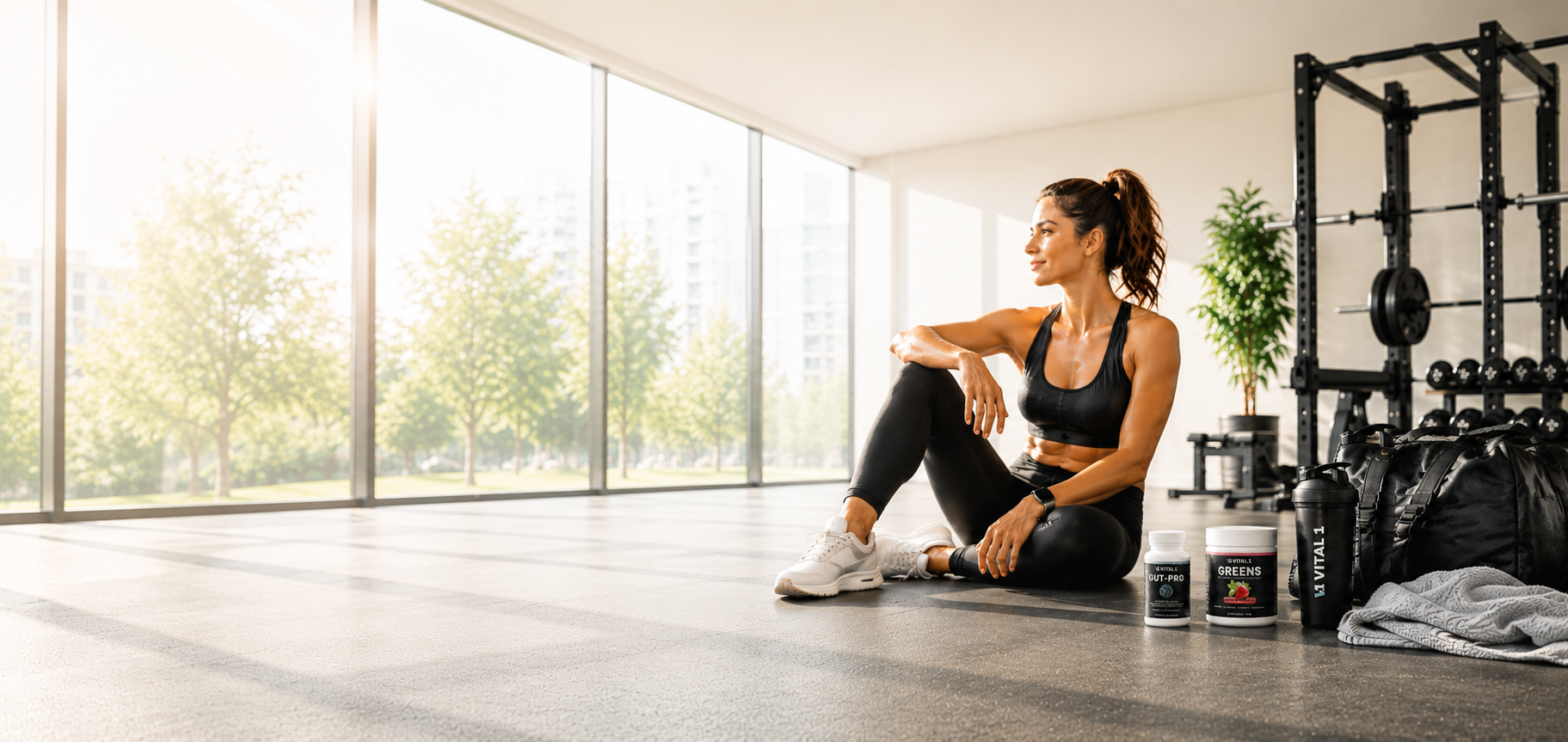 Sportliche Frau entspannt nach dem Training im Fitnessstudio mit Vital1 Greens und Gut-Pro im Vordergrund – modernes Motiv für bewusste Ernährung, Darmgesundheit und einen aktiven Lebensstil.